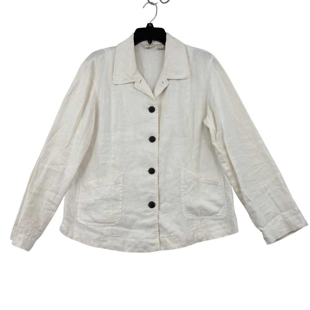 J. Jill Blazer Jacket Womens Size M White Linen Button Up‎ Pockets Cinch Back
